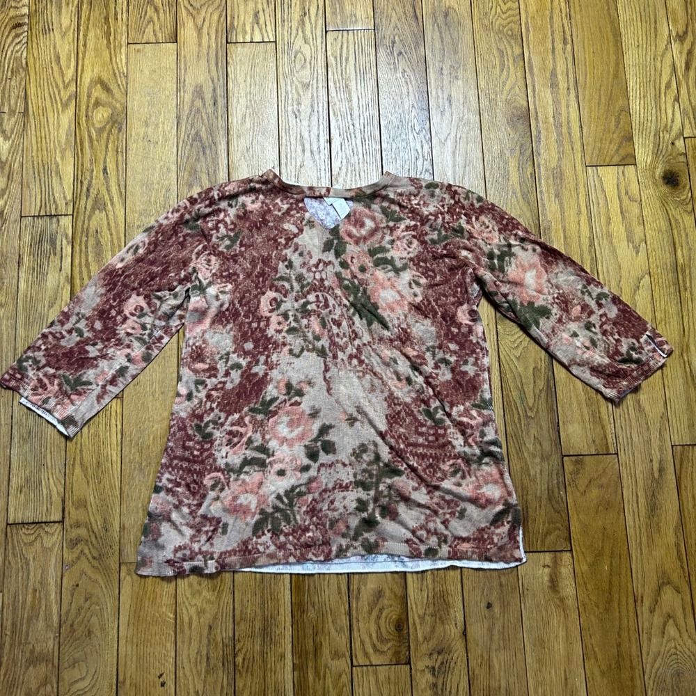 Chicos Floral Burnout Knit Top Size‎ 2 Pink Green 3/4 Sleeve Cotton Rayon Blend